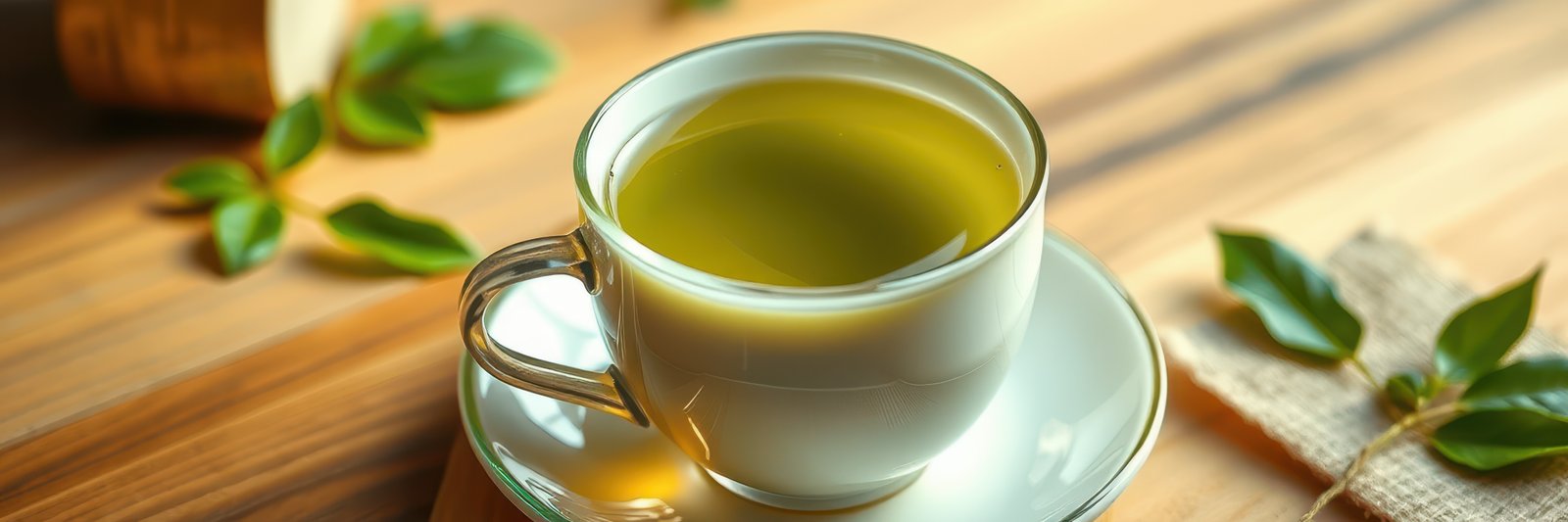 Green tea in a white cup on a wooden table surrounded by leaves during a relaxing afternoon
